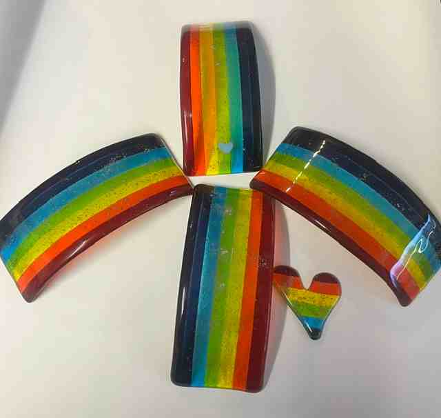 Kiln-formed fused glass dish in blues and purples